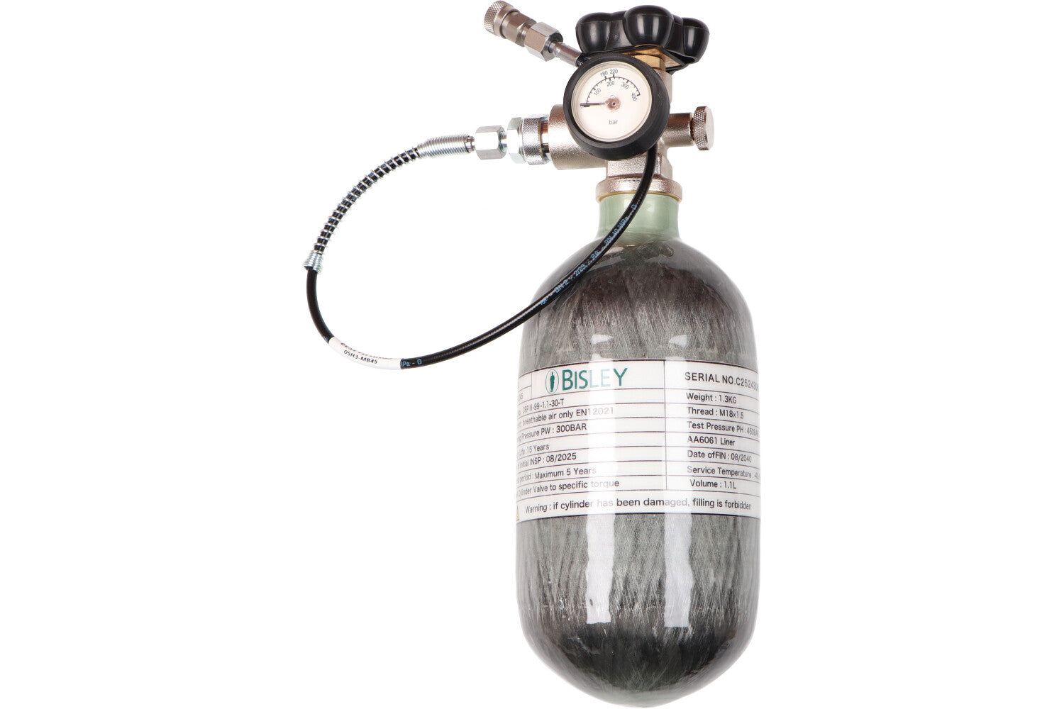 1,1-Liter-Kohlefaser-Druckluftflasche, 300 bar, mit Ventil, Manometer und Schlauch
