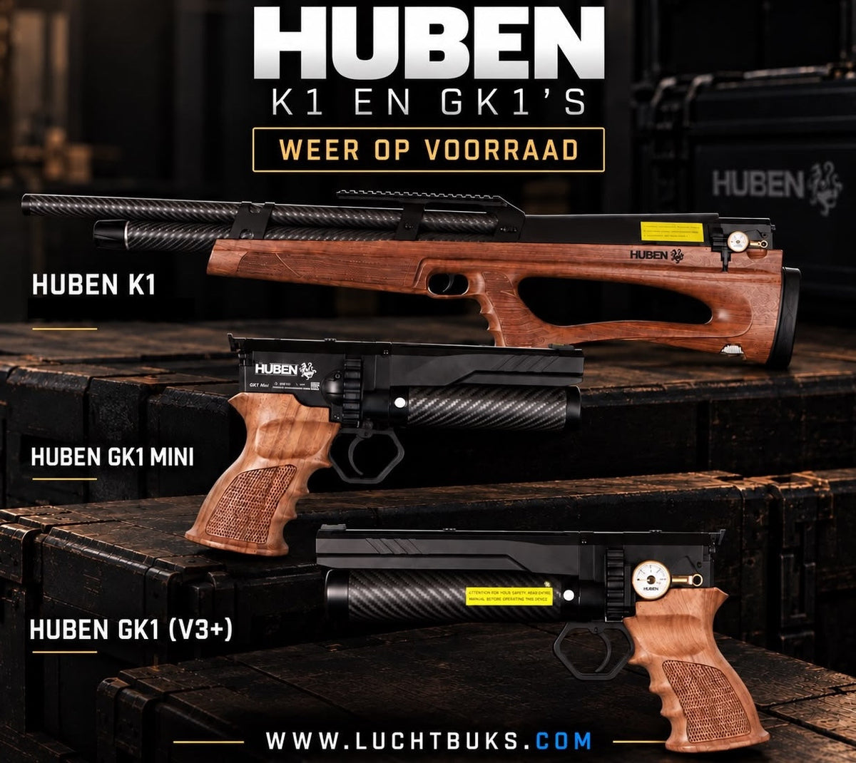 Huben Airguns weer op voorraad: K1, GK1, GK1 Mini, handpompen en onderdelen