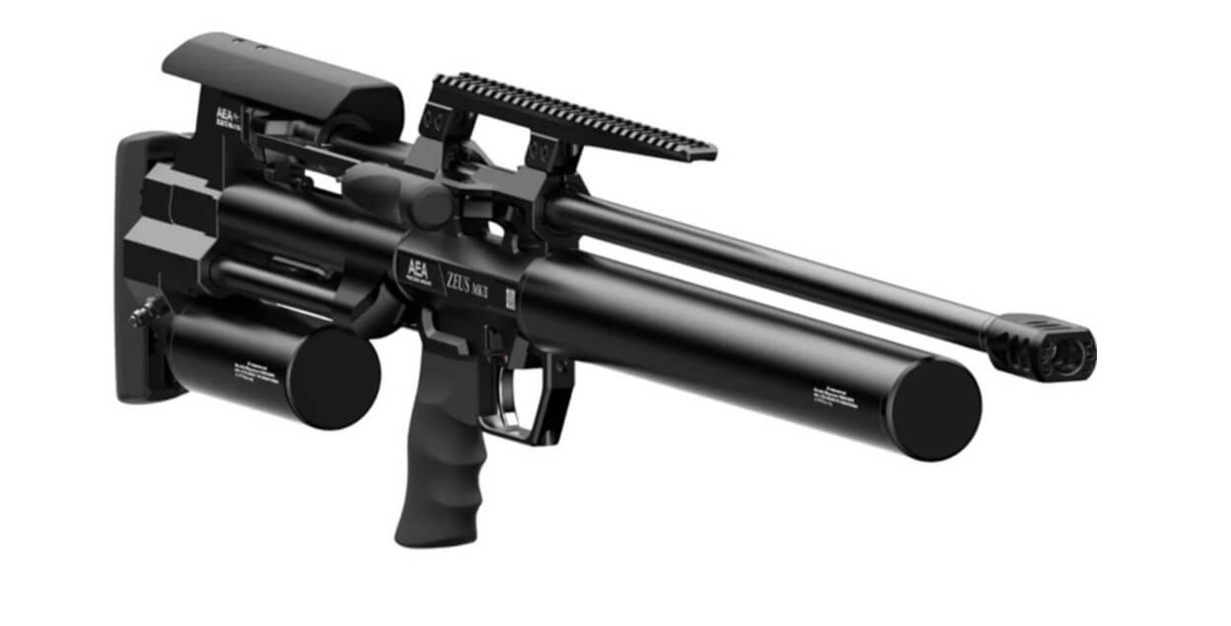 AEA Airguns Zeus MK2 PCP luchtbuks kaliber .58 — 30 inch looplengte, schuin aanzicht