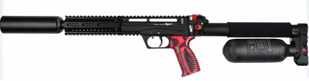 Edgun Leshiy2 Lang EAR Tishina/Handschutz – Detailansicht mit Carbon-Flasche