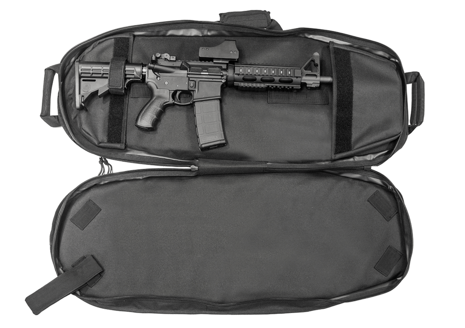 UTG Responder Sling Pack 34 inch zwart - volledig geopend met geweer